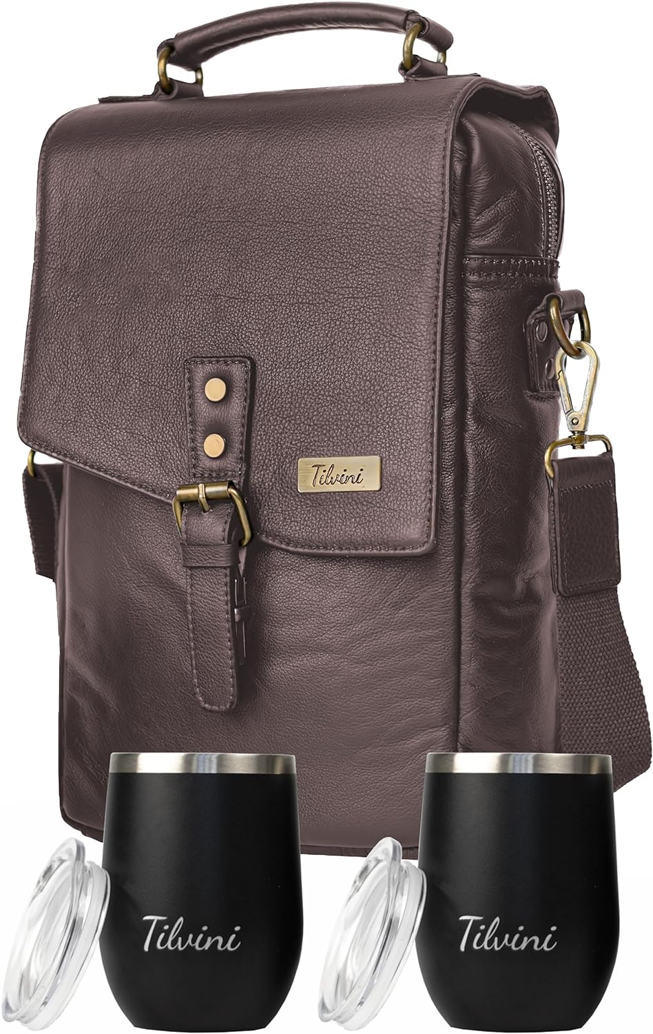Insulated Leather Wine Bag & 2 Wine Tumblers Set. Leather Wine Bottle Carrier Tote. Wine Gifts For Men. Picnic Bag, Beach Wine Cooler Bag. Airplane Travel Byo Wine Carrier Case Couples Gift