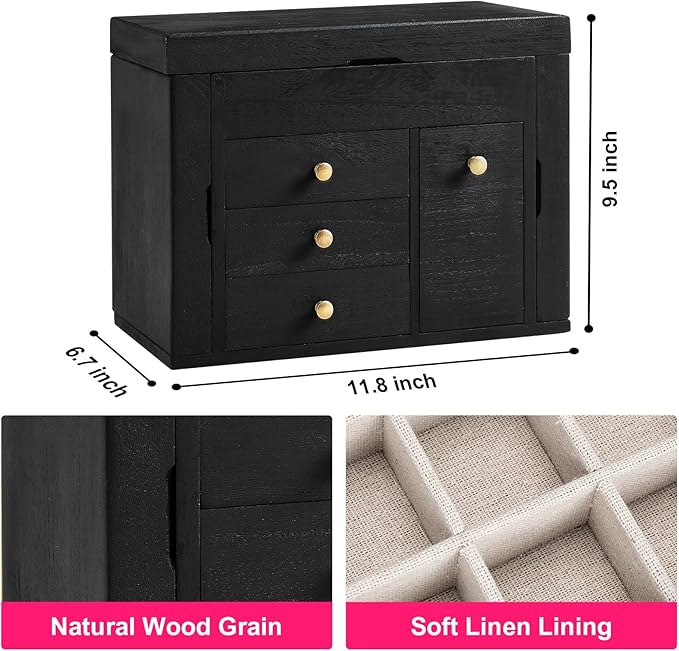 Jewelry Box Organizer, Solid Wood Jewelry Boxes for Women, Double Layer Jewelry Organizer Box Display Earring Necklace Bracelet Ring, Rustic Style Small Jewelry Box for Girls (Black)-BubblyBeeBaby