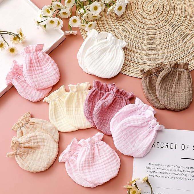 8 Pairs Newborn Baby Muslin Mittens 0-6 Months No Scratch Elastic Wrist Soft Breathable Gloves Bulk Cotton for Infant-BubblyBeeBaby