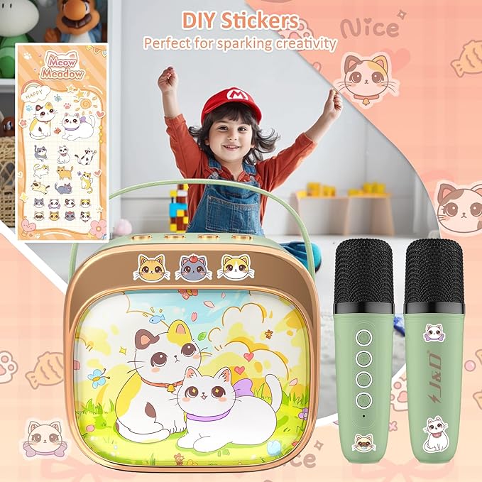 J&D Mini Karaoke Machine for Kids Adults, Portable Bluetooth Speaker with 2 Wireless Mics and Cat Sticker for Girls Boys Age 3–10 Birthday Gifts Princess Toys, Colorful LED, Green-BubblyBeeBaby