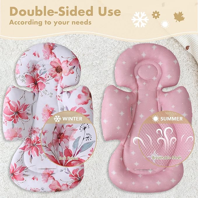 Infant Car Seat Insert, 2-in-1 Head & Body Carseat Support for Baby Newborn Toddler with Strap Covers, Reversible Ultra-Soft Cushion for Baby Carseat, Stroller, Swing & Bouncer-BubblyBeeBaby