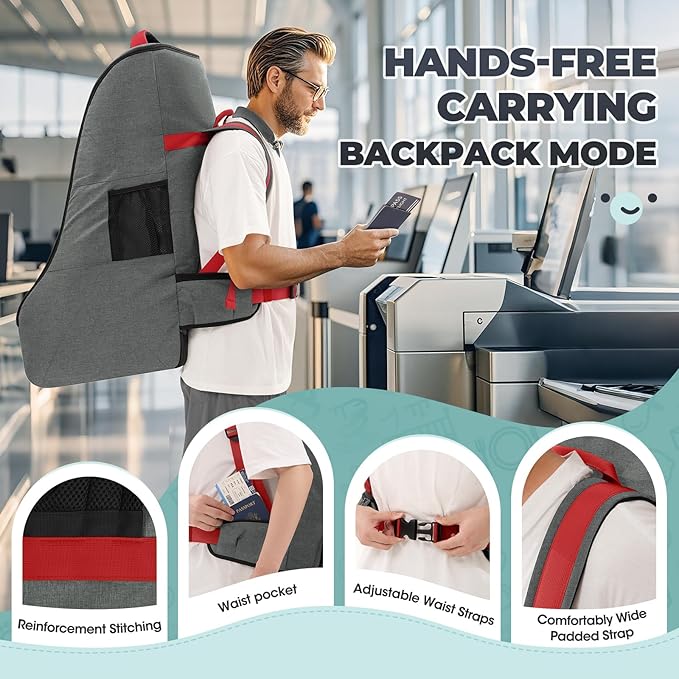 RAINSMORE Padded Car Seat Travel Bag for Airplane Heavy Duty Car Seat Backpack for Air Travel Baby Carseat Cover Bags for Airport Large Car Seats Carrier Fits Car Seats & Booster Seats,Gray-BubblyBeeBaby