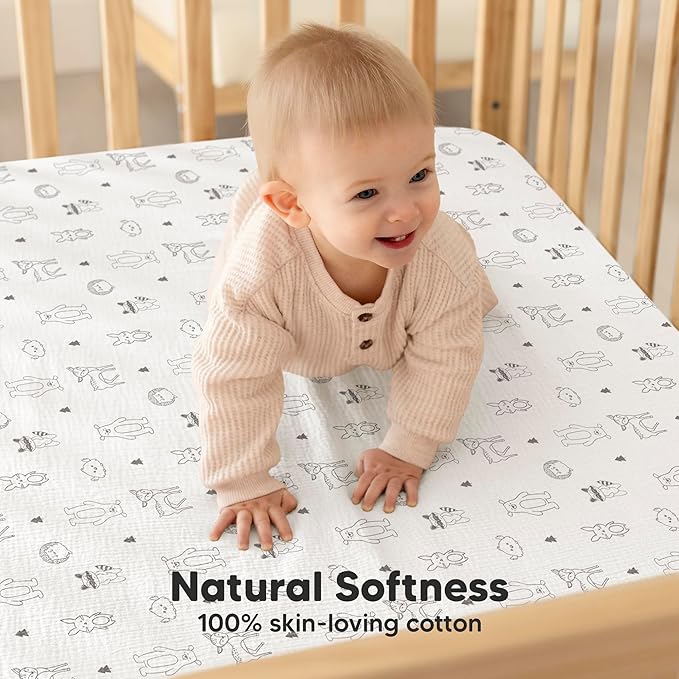 KeaBabies 2-Pack Muslin Crib Sheets for Boys, Girls - 100% Organic Cotton Fitted Baby Crib Mattress Sheet, Soft Breathable Standard Toddler Bed Cover Bedding Set, Neutral, Durable 52x28 (Woodland)-BubblyBeeBaby