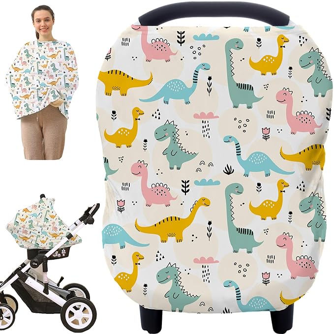Multi-use Carseat Covers Breastfeeding Cover - Car Seat Covers for Babies, Stretchy Carseat Canopy Cover, Boys and Girls Shower Gifts (Colours Dinosaur)-BubblyBeeBaby