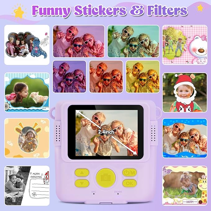 Instant Print Camera for Kids - 2.4 Inch Kids Camera Instant Print with Paper & 32G Card- Digital Children Toys as Christams Birthday Gifts for Girls Boys Age 3-12 - Purple-BubblyBeeBaby