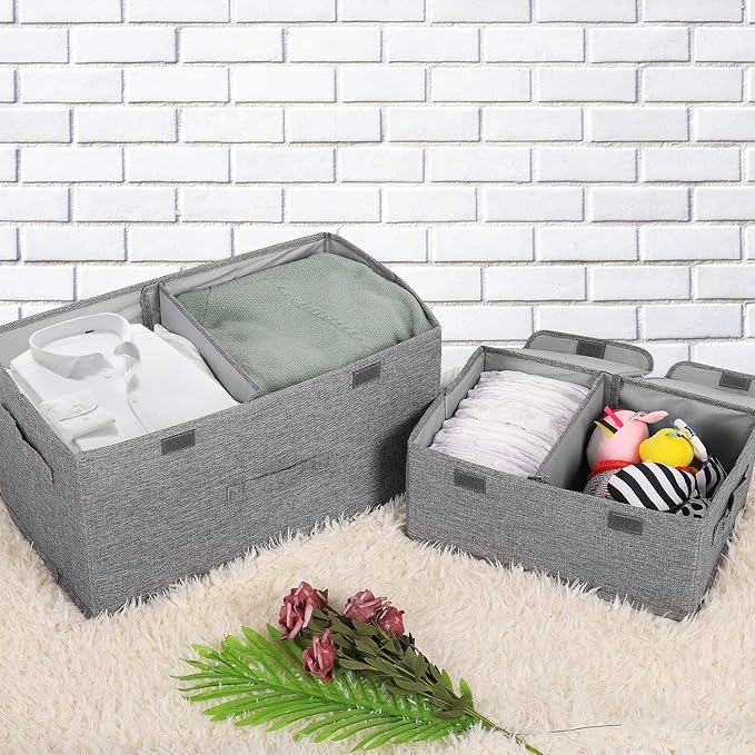2 Pack Large Linen Fabric Collapsible Storage Bins with Lid and Handles, Washable Storage Box Baskets Cube with Removable Divider for Bedroom,Closet,Office,Living Room,Nursery (Black, Small)-BubblyBeeBaby