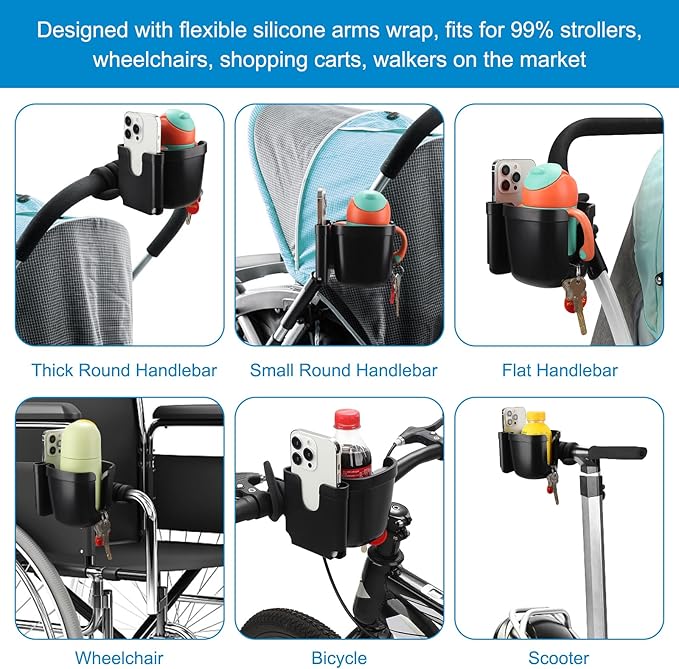 Accmor Stroller Cup Holder, Universal Cup Holder with Silicone Gooseneck Arm, Bike Cup Holder, 360° Rotatable Large Caliber Drinks Holder for Stroller, Bike, Wheelchair, Walker-BubblyBeeBaby
