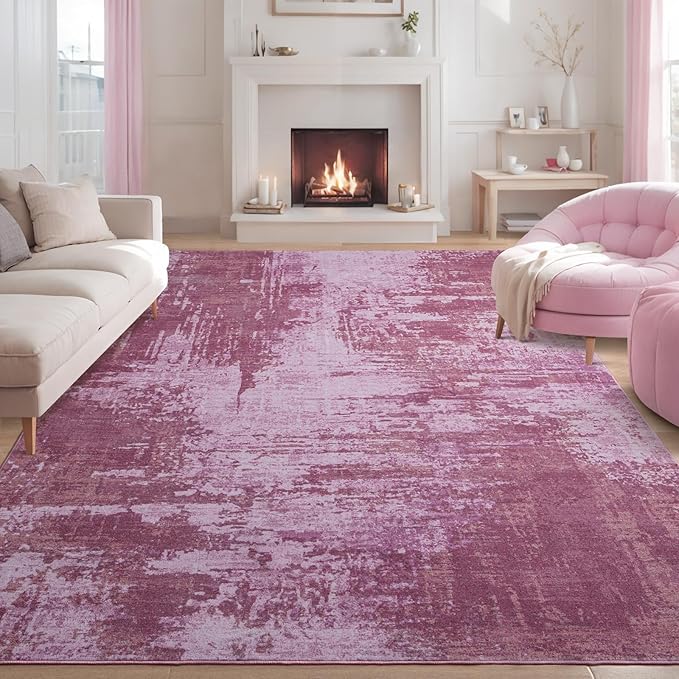 Kelarea Living Room Rug, 6x9 Rug Modern Abstract Washable Rugs Pink Faux Wool Vintage Carpet, Non Slip Rugs for Bedroom, Dining Room, College Dorm, Kids Playroom, Home Office-BubblyBeeBaby