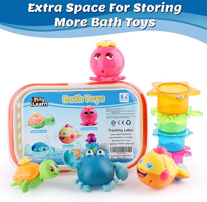 iPlay, iLearn Baby Bath Toys w/ Organizer, Water Squirting Octopus, Wind Up Swimming Turtle, Bathtub & Shower, Stacking Cups, Gift for 6, 9, 12, 18 Months 1, 2, 3 Years, Toddlers, Girls, Boys & Kids-BubblyBeeBaby
