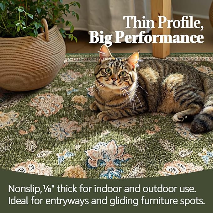 jinchan 8x10 Floral Rug for Living Room Washable Bedroom Rug Vintage Romance Design Non Slip Thin Indoor Floor Cover Large Low-Profile Throw Carpet for Dining Room Office, Green-BubblyBeeBaby