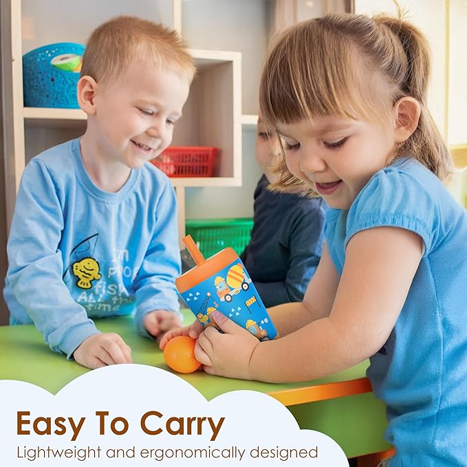 Kid Insulated Stainless Steel Tumbler with Silicone Straw, 12oz Sippy Cup for Kids (Construction Trucks)-BubblyBeeBaby