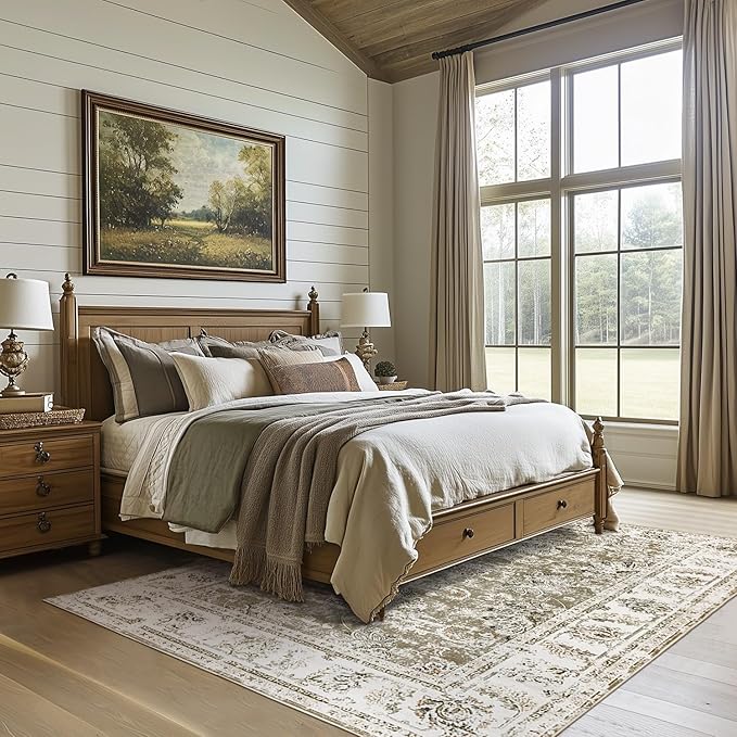 jinchan Vintage Floral 5x7 Area Rugs for Bedroom - Machine Washable Distressed Design Stain Resistant Boho Carpet Ultra-Thin Low Pile Non-Slip Rug for Living Room Dining Room Kitchen (5‘x7',Taupe)-BubblyBeeBaby