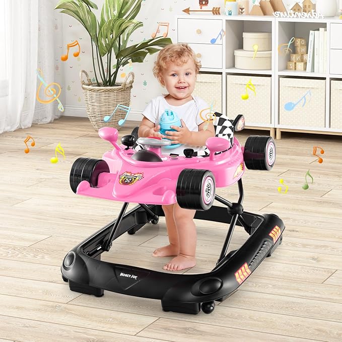 HONEY JOY Baby Walker, 4-in-1 Foldable Infant Activity Push Walker, Toddler Car Walker w/Adjustable Heights, Music, Lights, Removable Tray, Baby Walker with Wheels for Boys Girls 7-14 Months (Pink)-BubblyBeeBaby