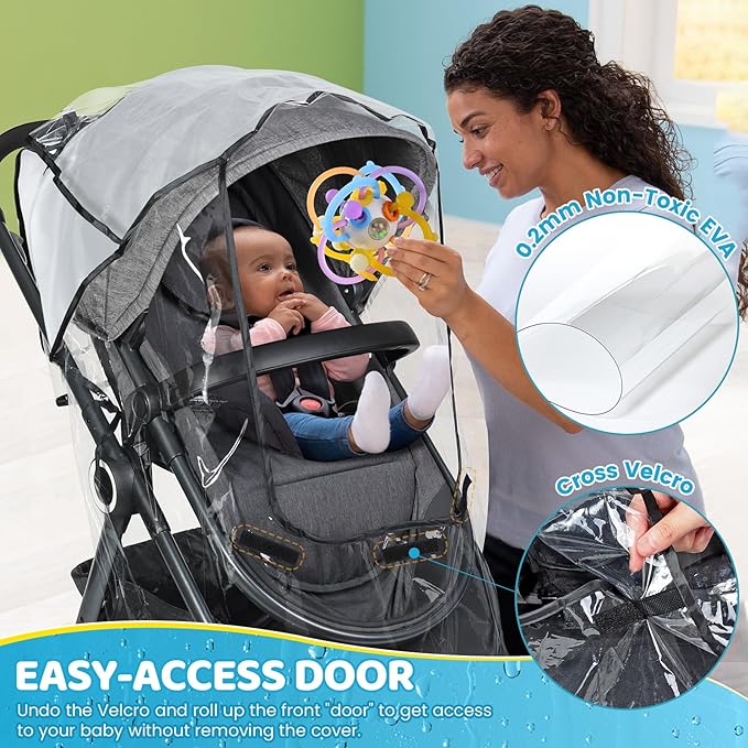 Universal Clear Stroller Rain Cover, No-Zip Waterproof Stroller Cover - Food Grade EVA & Frosted PVC, Baby Travel Weather Shield, Breathable Rain Cover for Most Single Strollers, Black-BubblyBeeBaby