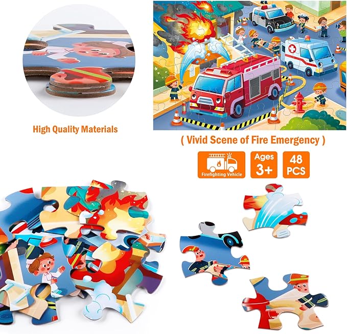 Jumbo Floor Puzzle for Kids,Fire Rescue Jigsaw Large Puzzles,48 Piece Firefighter Fireman Fire Truck Puzzle for Toddler Ages 3-5,Children Learning Preschool Educational Toys,Gift for 4-8 Years Old-BubblyBeeBaby