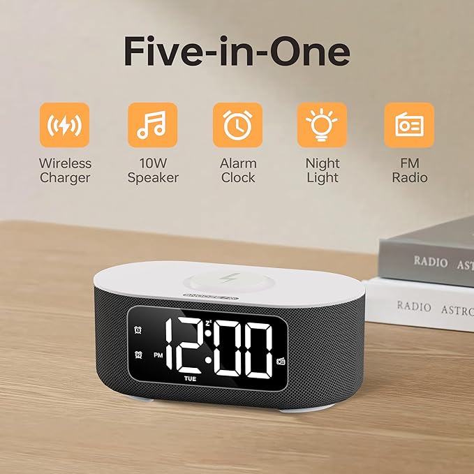 JALL Fabric Alarm Clock for Bedroom, with Big Led Screen Display, Bluetooth Stereo Sound Speaker, FM Radio, Fast Wireless Charging, USB Charging Port, Nightlight, White Noise, Ideal for Gift, Black-BubblyBeeBaby