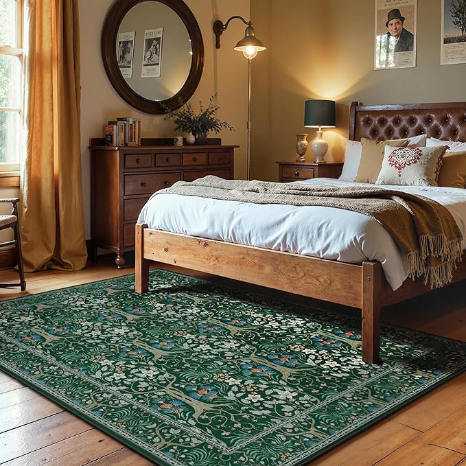 Joydeco Floral 5x7 Area Rugs for Living Room, Boho Dark Green Washable Rug Non Slip, Soft Low-Pile Botanical Forest Indoor Floor Throw Carpet for Office Dining Table Playroom Dorm-BubblyBeeBaby