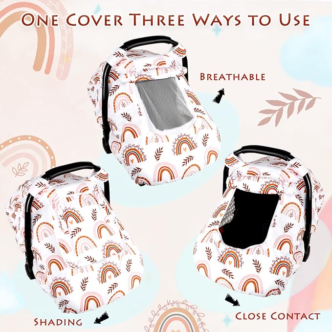 Pea Pod Baby Car Seat Cover Girls, Infant Rainbow Car Seat Covers Canopy for Newborn,2 Layers Windows of Breathable Mesh/Fabric, Lightweight Polyester/Minky Dot Backing, Snug Fit Most Baby Car Seat-BubblyBeeBaby