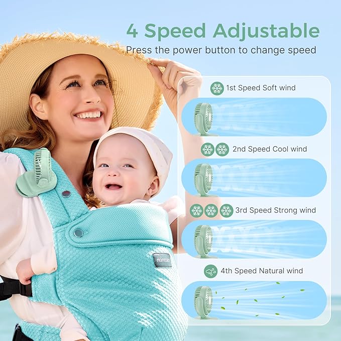 Momcozy Portable Fan with Clip | 4-Speed Mini-Fan for Carrier | Personal Fans Ultra Lighter 0.26lb | Gaps ≤4.5mm | Handheld Cooling | Rechargeable Rotate for Diaper Backpack/Stroller/Carrier/Chair-BubblyBeeBaby
