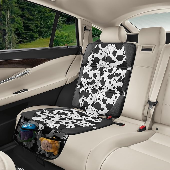 Car Seat Protector for Child Car Seat, 2 Pack Baby Car Seat Covers with Mesh Pockets & Non-Slip Backing 600D Durable Seat Protector Under Baby Car Seat for Car Back Seat (Cow Print, Large)-BubblyBeeBaby