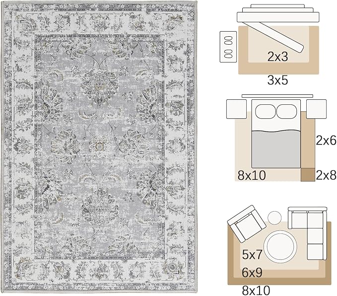 jinchan Floral 3x5 Area Rugs for Entryway - Machine Washable Taupe Vintage Distressed Design Doormat Non-Slip Ultra-Thin Low Pile Boho Rug for Kitchen Living Room Bedroom Farmhouse (3‘x5',Grey)-BubblyBeeBaby
