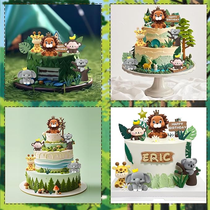 22PCS Safari Animal Cake Toppers & Wild One Birthday Decorations - Jungle Cake Topper with Leaves for Animal Themed Birthday Party Decorations, Safari Cake Decorations for Zoo Theme Cakes Accessories-BubblyBeeBaby