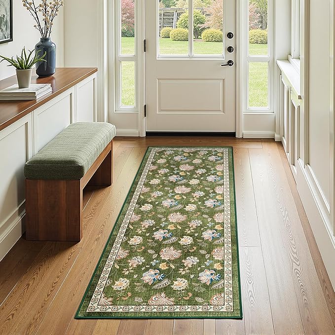 jinchan 2x5 Floral Runner Rug for Hallway Washable Kitchen Runner Vintage Romance Design Non Slip Thin Indoor Floor Cover Low-Profile Throw Carpet for Entryway Bathroom Bedroom Porch, Green-BubblyBeeBaby