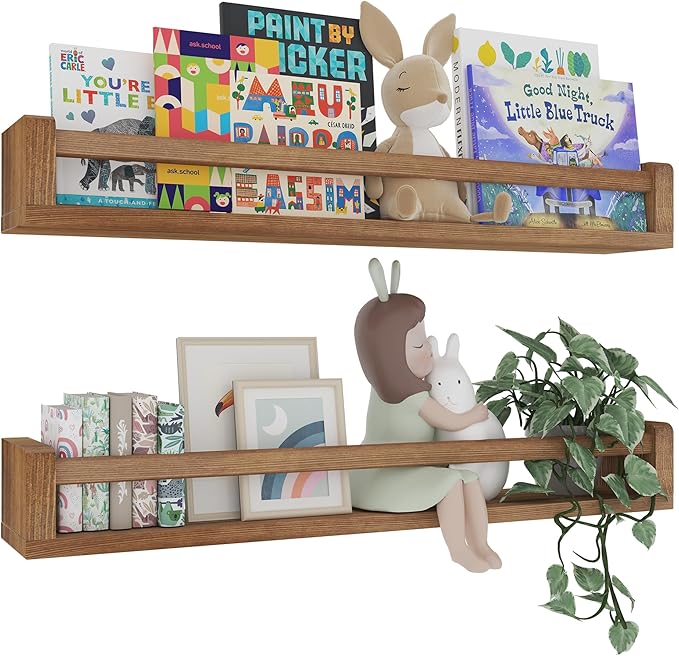 Heimlove 32 Inch Nursery Floating Shelves, Nursery Book Shelves for Wall, Wall Bookshelf for Kids Solid Wood Wall Mounted Shelves for Books,Toys and Decor Storage, Set of 2-BubblyBeeBaby