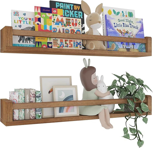 Heimlove 32 Inch Nursery Floating Shelves, Nursery Book Shelves for Wall, Wall Bookshelf for Kids Solid Wood Wall Mounted Shelves for Books,Toys and Decor Storage, Set of 2-BubblyBeeBaby