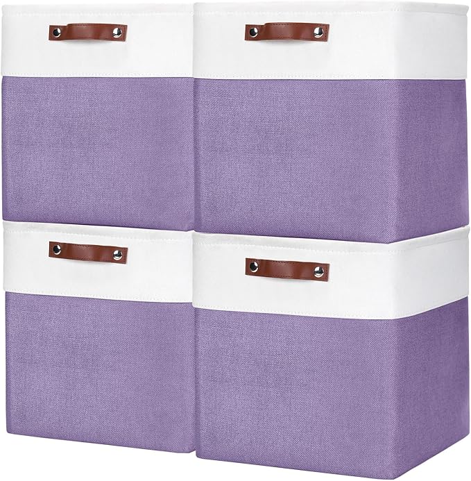 13x13 Cube Storage Bins, Collapsible Fabric Storage Box, 4 Pack Closet Baskets with Handles for Organizing, Shelf, Toys, Clothes, Home, Office, Nursery (Purple&White)-BubblyBeeBaby