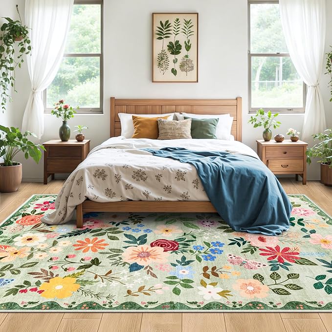10x14 Area Rugs for Living Room: Floral Washable Rug Vintage Large Soft Boho Non-Slip Carpet Indoor Stain Resistant Low Pile Carpets for Bedroom Dining Room Farmhouse Nursery Hallway Home Office Green-BubblyBeeBaby
