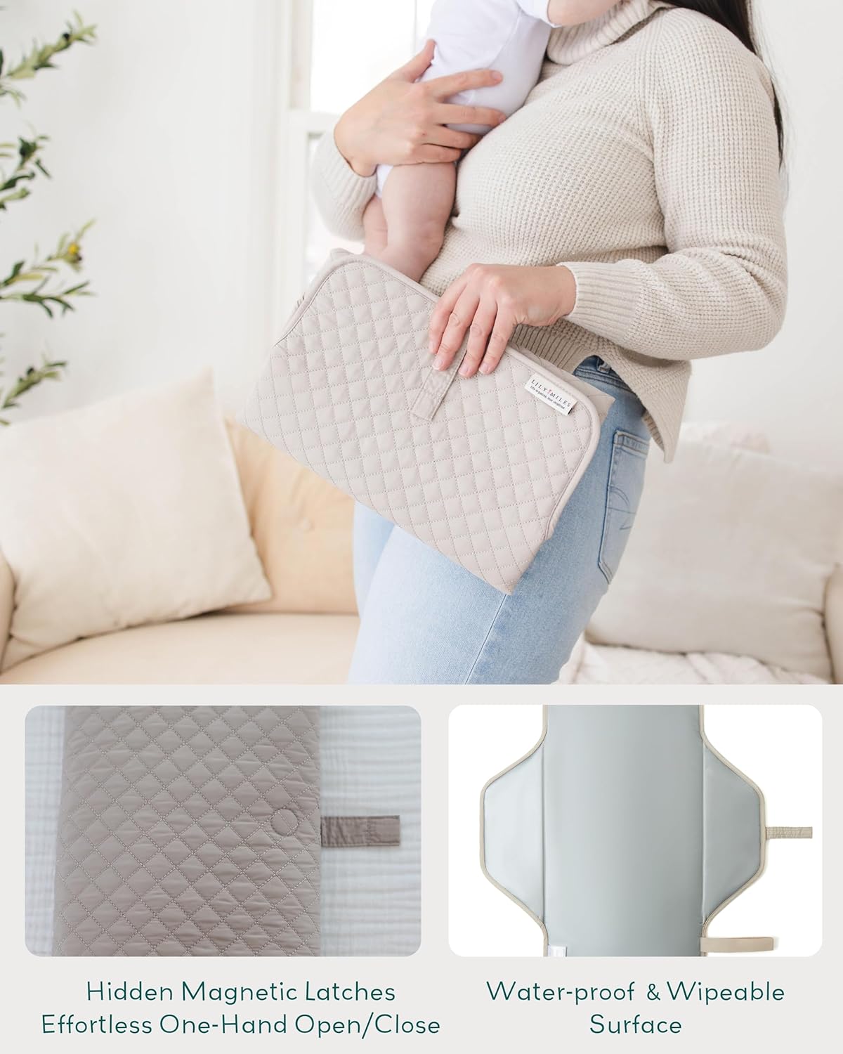 Lily Miles Baby Changing Pad Portable, Diaper Changing Mat with Magnetic Latches, Travel Pad for Diaper Bag, Baby Essentials, Wipeable & Waterproof Mat (Soft Sand, Large)