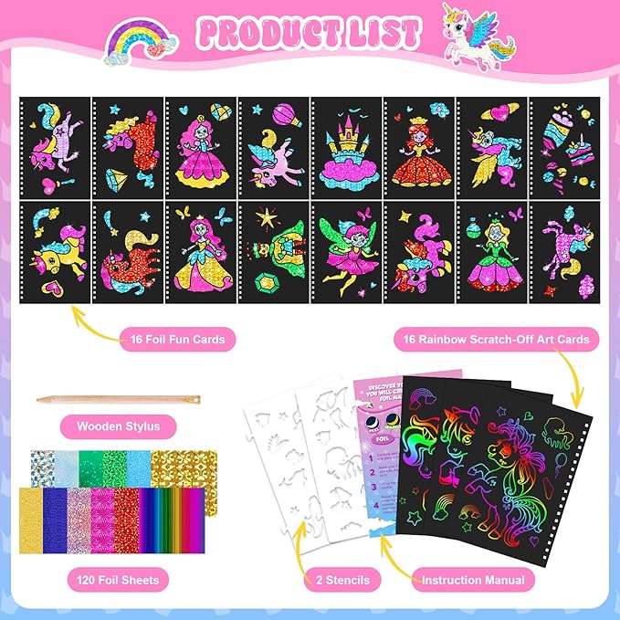 homicozy Art & Craft Activity for Kids: Foil Fun Unicorns and Princess & Scratch Art Book 2-in-1,No Mess Art Crafts for Girls,DIY Creative Activity Kit,Gifts for Girls Ages 4,5,6,7,8,9, Travel Toys-BubblyBeeBaby