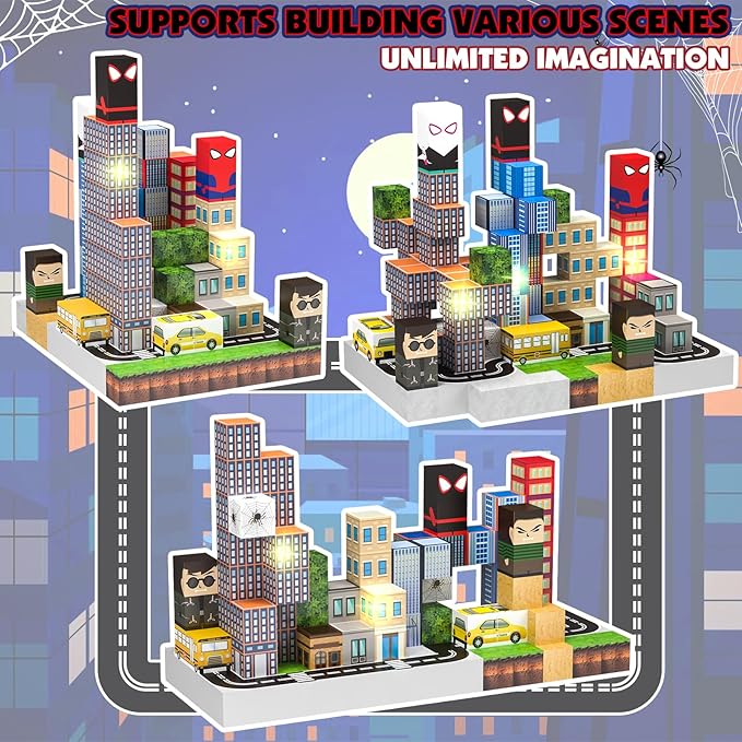 150 PCS Magnetic Blocks Building Toys Set, Spider Toys Light Up Magnetic Building Blocks for Boys Girls Ages 3+, 1 Inch Magnet Cubes STEM Sensory Construction Toy City Themes-BubblyBeeBaby