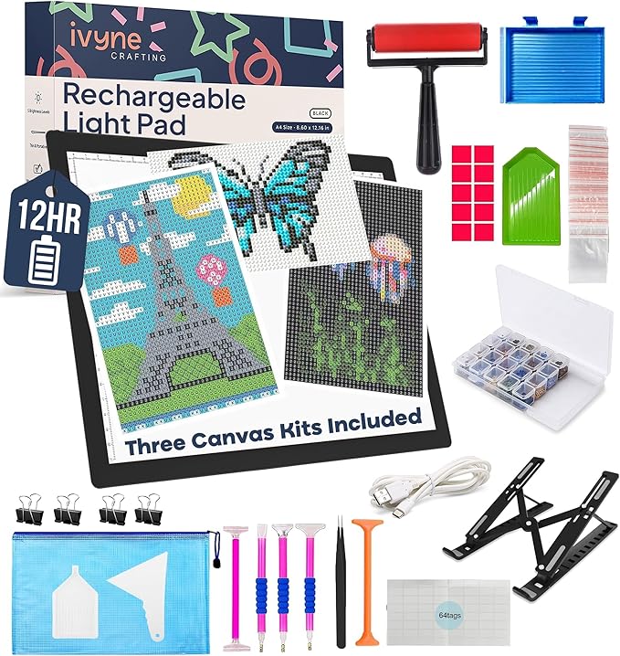 iVyne Rechargeable A4 Light Pad for Diamond Painting & Art Projects – LED Light Board with Diamond Art Accessories – Ultra-Thin & Portable Diamond Dot Light Board, Perfect for Artists - Black-BubblyBeeBaby