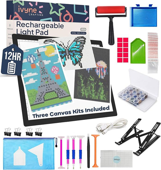 iVyne Rechargeable A4 Light Pad for Diamond Painting & Art Projects – LED Light Board with Diamond Art Accessories – Ultra-Thin & Portable Diamond Dot Light Board, Perfect for Artists - Black-BubblyBeeBaby