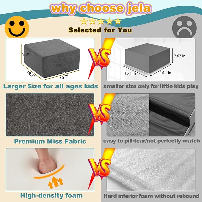 jela Foam Blocks 6Pcs Soft Play Equipment Luxury Miss Fabric, Toddler Climbing Toys Indoor Soft Play Climbing for Toddlers, Lightweight Climbing Blocks for Babies, Kids, Climb and Crawl Foam Playset-BubblyBeeBaby