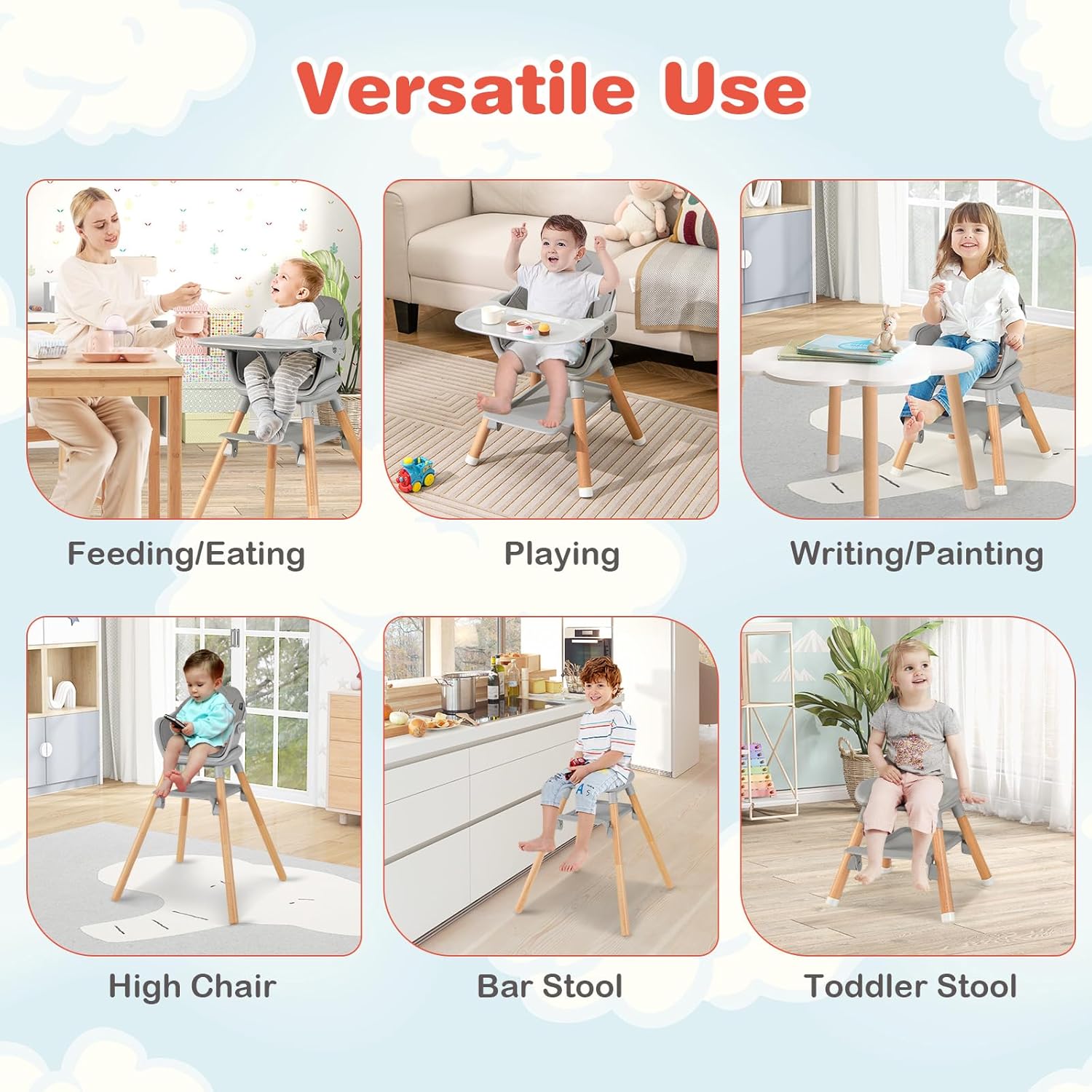 HONEY JOY Baby High Chair, 6 in 1 Convertible Wooden Highchair for Babies and Toddlers/Chair/Bar Stool, Removable Double Tray & Reversible Footrest, Safety Harness for Infant Boys Girls (Dark Gray)