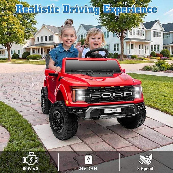 24V Ride on Car Licensed Ford F-150 Raptor, Kids Electric Car with Remote Control, LED Light/Music/MP3, Truck Bed Storage, 3-Point Seat Belt (24V, Red)-BubblyBeeBaby