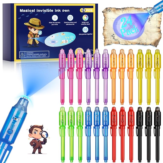 Invisible Ink Pen 24Pcs, Spy Pens with UV Light, Magic Marker, Classroom Prize, Birthday party favors for kids 8-12, Kids Christmas Gift Stocking Stuffers-BubblyBeeBaby