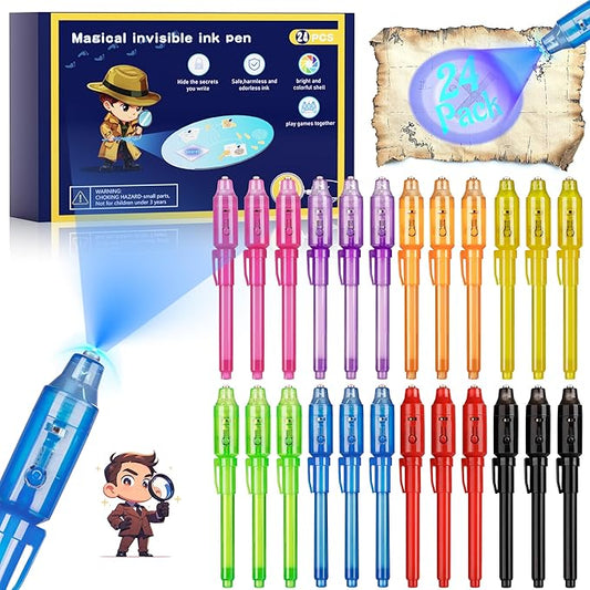Invisible Ink Pen 24Pcs, Spy Pens with UV Light, Magic Marker, Classroom Prize, Birthday party favors for kids 8-12, Kids Christmas Gift Stocking Stuffers-BubblyBeeBaby