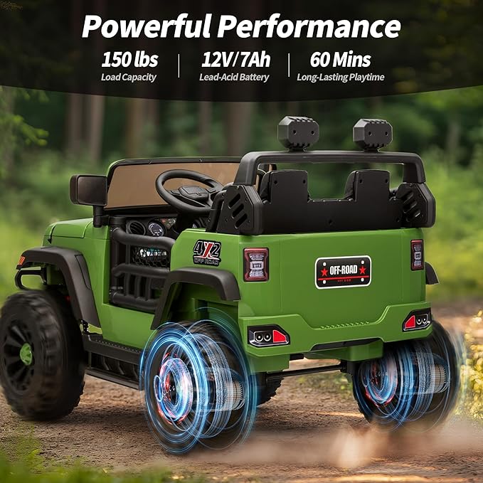 2 Seater Ride on Car Truck, 12V Kids Electric Ride on Toy for Big Kids Age 3-8 w/Remote Control- Army Green-BubblyBeeBaby