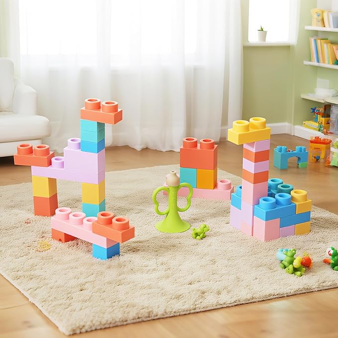 22 Pcs Soft Building Blocks for Toddlers 18M+, BPA - Free Sensory Teether Toys, Montessori STEM DIY Bricks, Early Learning Creative Stacking Set, Safe Baby Construction Toys-BubblyBeeBaby
