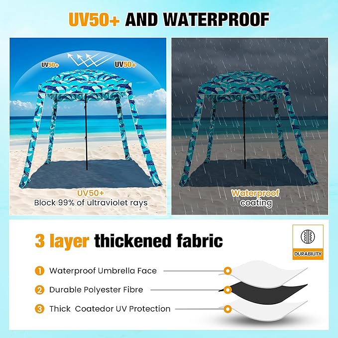 HOMEDEMO Beach Canopy UPF 50+, 6'×6', Easy Set up and Take Down Tent with Sand Pockets, Side Wall Shade Wind Waterproof for Kids, Family & Friends-BubblyBeeBaby