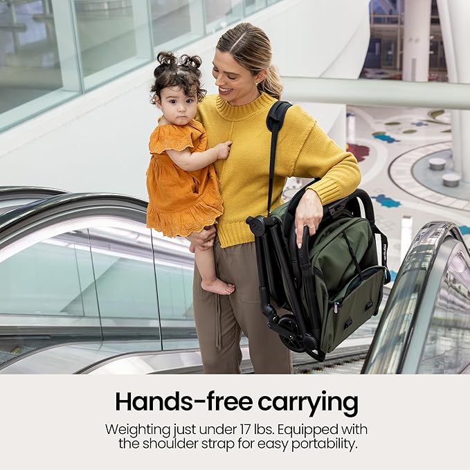 Mompush Velo Lightweight Travel Stroller – One-Hand Fold, Ultra-Compact & Airplane Friendly, Lie-Flat Recline Seat (from Birth to 50 lbs), Includes Cup Holder, Shoulder Strap, and Leather Bumper Bar-BubblyBeeBaby
