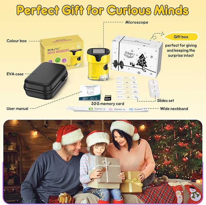 1000X Handheld Microscope for Kids 4K 2.0" Screen Rechargeable Mini Pocket Digital Microscopes w/Slides Kit Portable Edu Gift Age 4-6 8-12 Children Students (Yellow)-BubblyBeeBaby