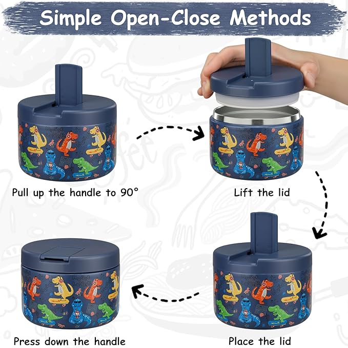 12oz Insulated Vacuum Food Jar with Buckle Lid Wide Mouth Soup Thermo for Hot Food Kids Leakproof Stainless Steel Lunch Container (Blue-Dinosaur)-BubblyBeeBaby