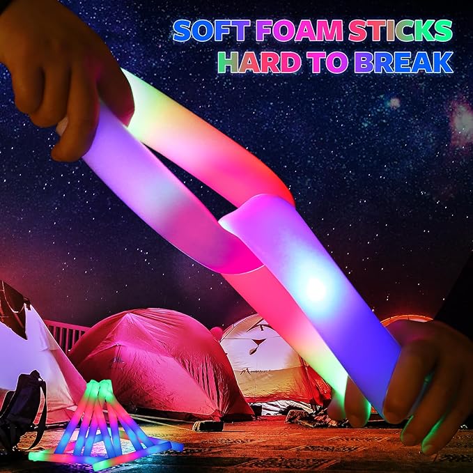 200 PCS LED Foam Glow Sticks Bulk, Glow in the Dark Party Supplies with 3 Modes Colorful Flashing, Neon Party Favors for Birthday, Wedding, Carnival, Concert, New Year-BubblyBeeBaby