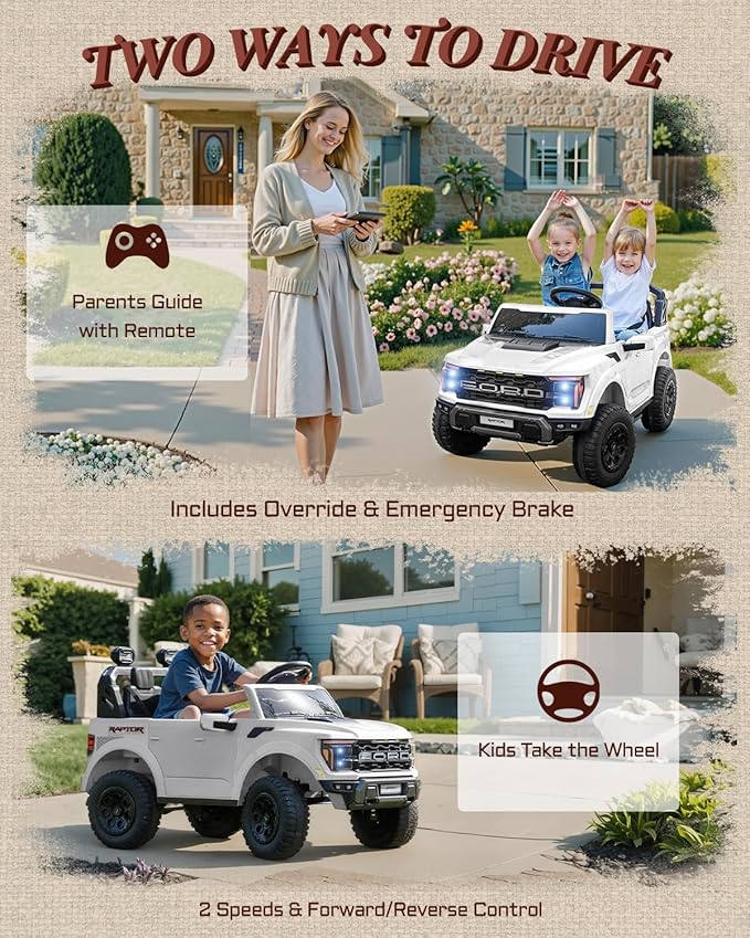 24V Kids Ride On Truck, Licensed Ford F-150 Raptor 2 Seater Electric Car w/Remote Control, Toddler Ride On Car Toys w/LED Lights, Bluetooth, Music, Truck Bed Storage, Soft Start (White)-BubblyBeeBaby
