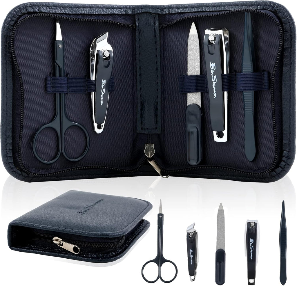 Ben Sherman Nail Clippers for Men Travel Size Nail Clipper Set, 5 Pcs Mens Nail Grooming Kit includes Nail Clippers, Scissors, Tweezers and Leather Traveling Case